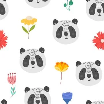 Cute cartoon pattern with panda heads and flowers Stock Illustration