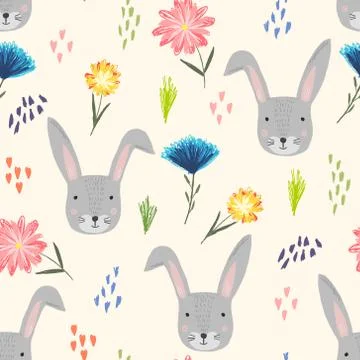 Cute cartoon pattern with rabbits, dots and flower Stock Illustration