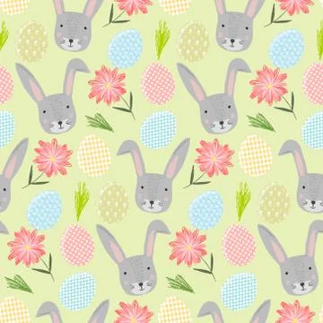 Cute cartoon pattern with rabbits, eggs and flower Stock Illustration