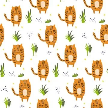 Cute cartoon pattern with tigers and grass Stock Illustration