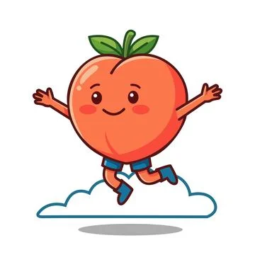 Cute cartoon peach character jumping happily over a cloud with arms raised .. Stock Illustration