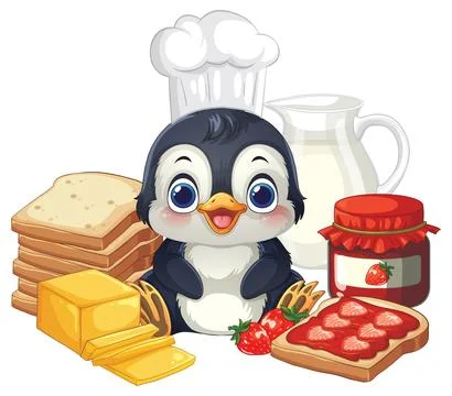 Cute Cartoon Penguin Chef with Bread Jam and Milk Breakfast Illustration Stock Illustration