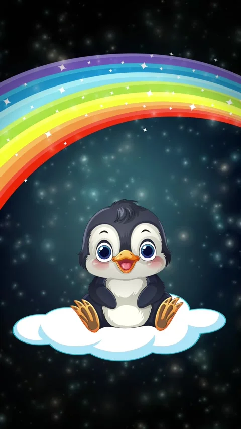 Cute Cartoon Penguin Floating on Cloud Under Rainbow in Starry Sky Stock Footage 340382076
