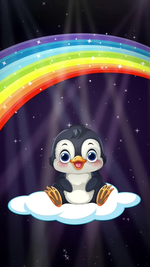 Cute Cartoon Penguin Floating on Cloud Under Rainbow with Glitter Stock Footage 341309390