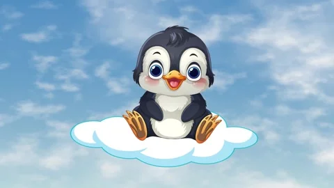 Cute Cartoon Penguin Floating on a Cloud in Blue Sky Stock Footage 344843543