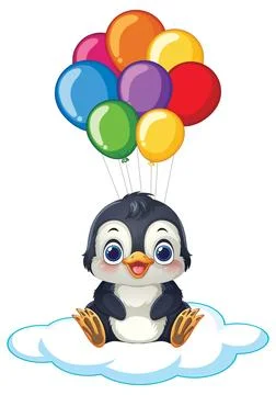 Cute Cartoon Penguin Floating on Cloud with Colorful Balloons Stock Illustration