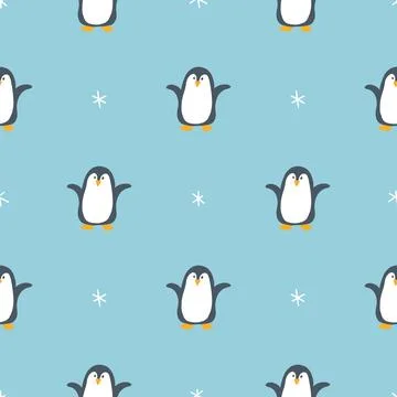 Cute Cartoon penguin seamless pattern background. Vector Illustration. Stock Illustration