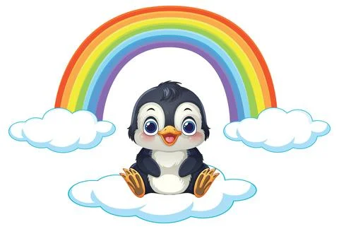 Cute Cartoon Penguin Sitting on a Cloud Under a Colorful Rainbow Illustrazione stock