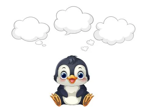 Cute Cartoon Penguin Sitting with Empty Thought Bubbles Vector Illustration Illustrazione stock