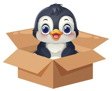 Cute Cartoon Penguin Sitting Inside an Open Cardboard Box Stock Illustration
