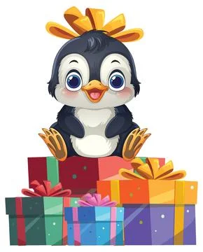 Cute Cartoon Penguin Sitting on a Stack of Colorful Gift Boxes Stock Illustration