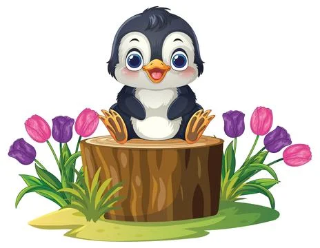 Cute Cartoon Penguin Sitting on a Tree Stump with Tulips Stock Illustration