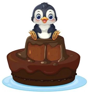 Cute Cartoon Penguin Sitting on a Two Tier Chocolate Cake Ilustração Stock