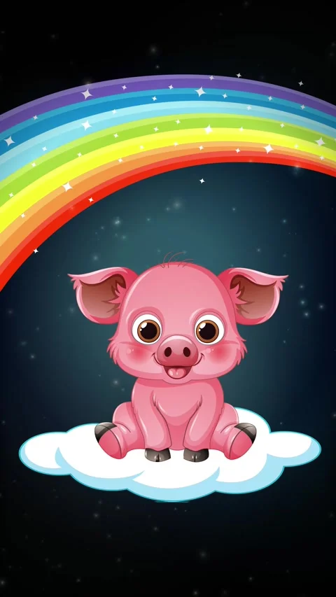Cute Cartoon Pig Floating on Cloud Under Rainbow in Night Sky Stock Footage 342488499