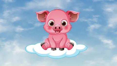 Cute Cartoon Pig Floating on a Cloud in Blue Sky Stock Footage 344836436