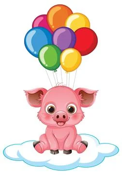 Cute Cartoon Pig Floating on Cloud with Colorful Balloons Illustration Stock Illustration