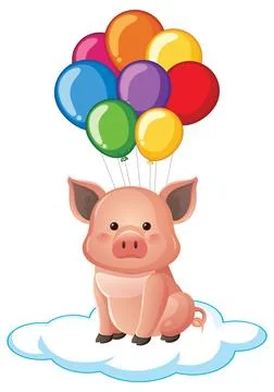 Cute Cartoon Pig Floating on Cloud with Colorful Helium Balloons Stock Illustration