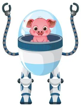 Cute Cartoon Pig Pilot Operating a Futuristic Bipedal Robot Suit Illustrazione stock