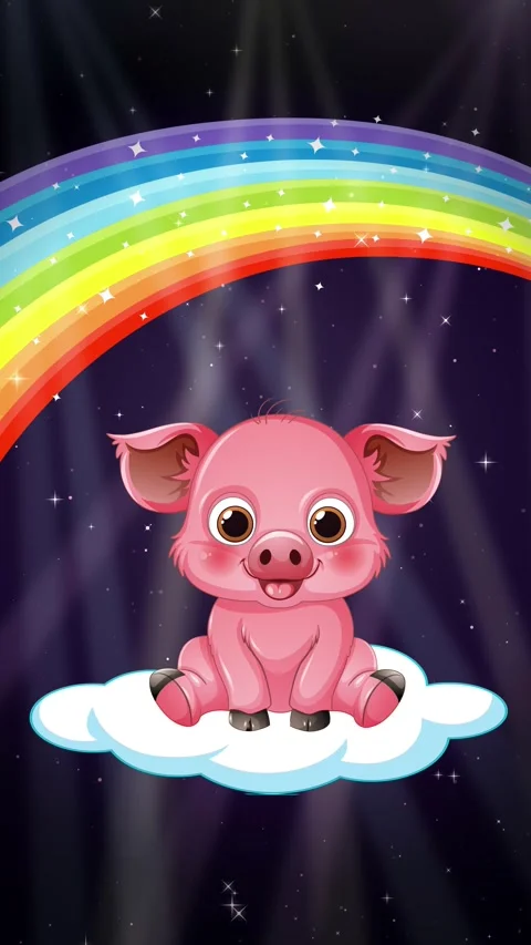 Cute Cartoon Pig Sitting on Cloud Under Rainbow with Glitter Background Stock Footage 340382052