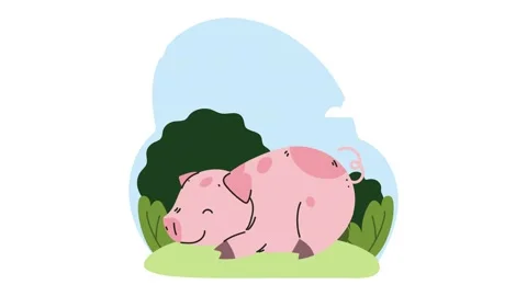 Cute cartoon pig sleeping on grass in sunny meadow with moving clouds and b.. Stock Footage 333302128