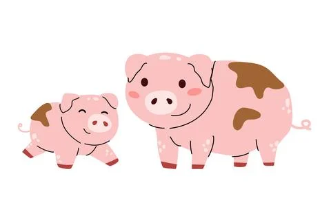 Cute cartoon pig vector illustration with baby piglet and mud spots Stock Illustration