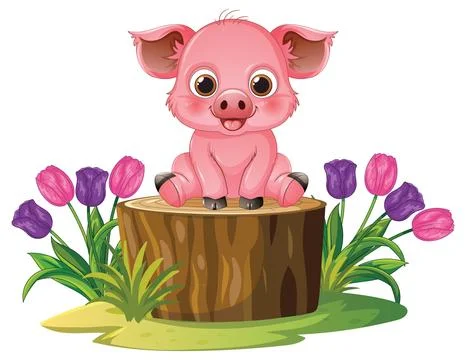 Cute Cartoon Piglet Sitting on Tree Stump with Spring Tulips Stock Illustration