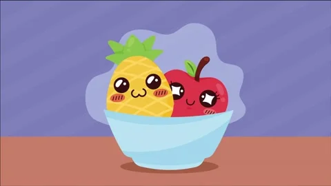 Cute cartoon pineapple and apple characters in bowl animation for kids. Stock Footage 338319037