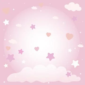 Cute cartoon pink background with clouds, stars and hearts. Stock Illustration