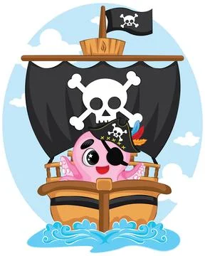 Cute cartoon pink octopus character pirate with an eye patch on pirate ship.. Ilustración de archivo