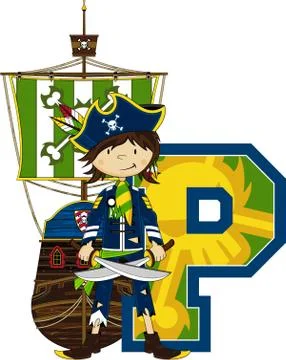 Cute Cartoon Pirate and Ship - Letter P Alphabet Learning Illustration Иллюстрация