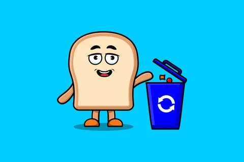 Cute cartoon Plain bread throwing trash in trash Stock Illustration