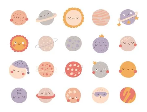 Cute cartoon planets with smiley faces Stock Illustration