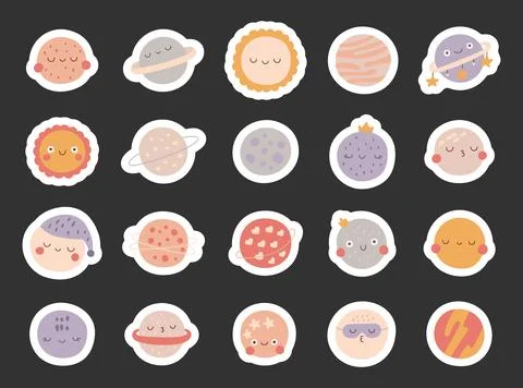Cute cartoon planets with smiley faces Stock Illustration