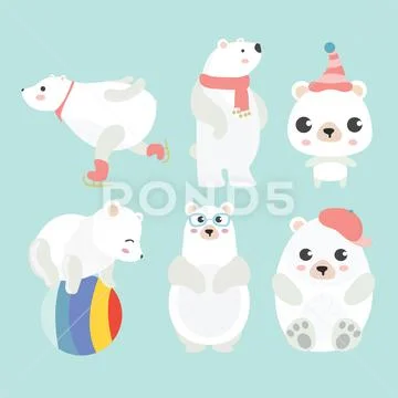 Cute Cartoon Polar Bear In Different Poses.