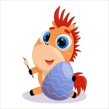 Cute cartoon pony coloring eggs. Pony, horse, Easter, emotion, vector, holi.. Stock Illustration
