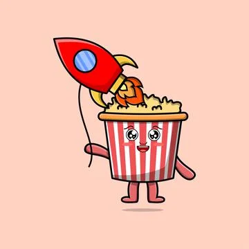 Cute cartoon Popcorn floating with rocket balloon Stock Illustration