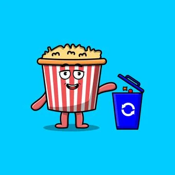 Cute cartoon Popcorn throwing trash in the trash Stock Illustration