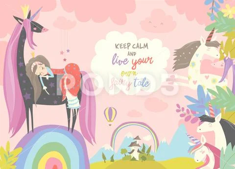 Cute cartoon princess with black unicorn.Sweet dream Stock Illustration