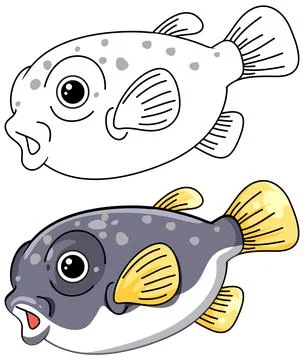Cute Cartoon Puffer Fish Vector Illustration in Color and Line Art Stock Illustration