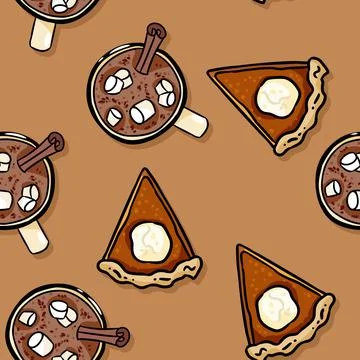 Cute cartoon pumpkin pie slice and cacao hot chocolate seamless pattern. Fall Stock Illustration