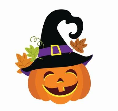Cute cartoon pumpkin with a witch hat and fall autumn leaves for Halloween party Stock Illustration