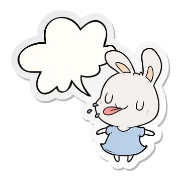 Cute cartoon rabbit blowing raspberry and speech bubble sticker Illustrazione stock