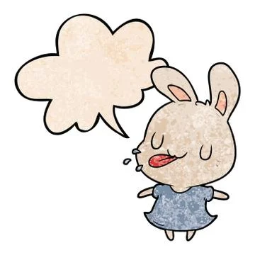 Cute cartoon rabbit blowing raspberry and speech bubble in retro texture styl Illustrazione stock
