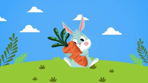 Cute cartoon rabbit character hugging a large carrot in a sunny meadow duri.. Stock Footage 339049360