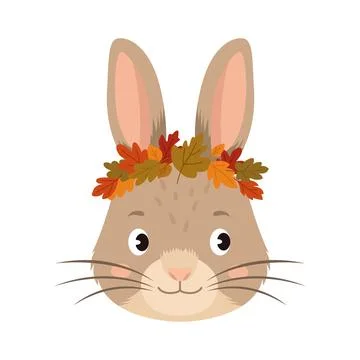 Cute cartoon rabbit face with long ears and autumn leaf wreath Stock Illustration