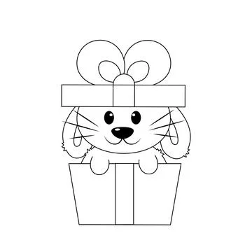 Cute cartoon Rabbit in gift box. Draw illustration in black and white Stock Illustration