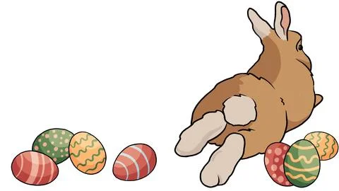 Cute cartoon rabbit, Illustration of Easter Bunny with Colorful Eggs on a white  Stock Illustration