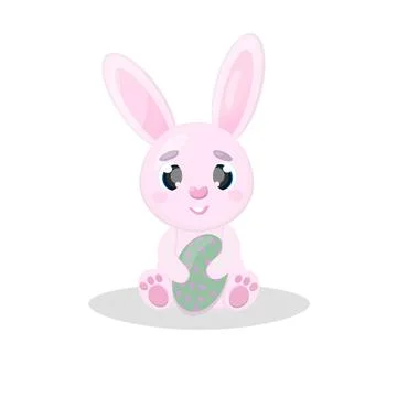 Cute cartoon rabbit Pink Easter bunny with Easter egg in paws Isolated vector Stockillustratie