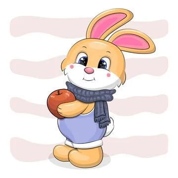 Cute cartoon Rabbit with red apple and dark blue scarf. Stock Illustration