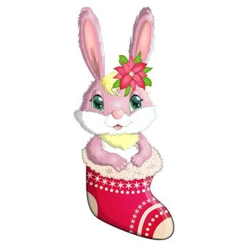 A cute cartoon rabbit in a Santa hat is sitting in a Christmas stocking. Wint Stock Illustration